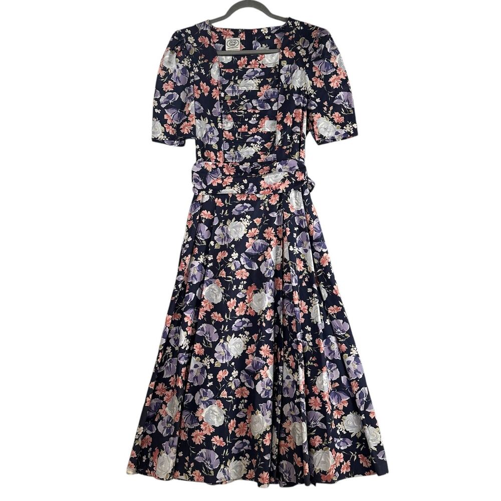 Laura Ashley Floral Dress Size 10 Navy Pink Milkmaid Cottagecore Tea 80s Vintage